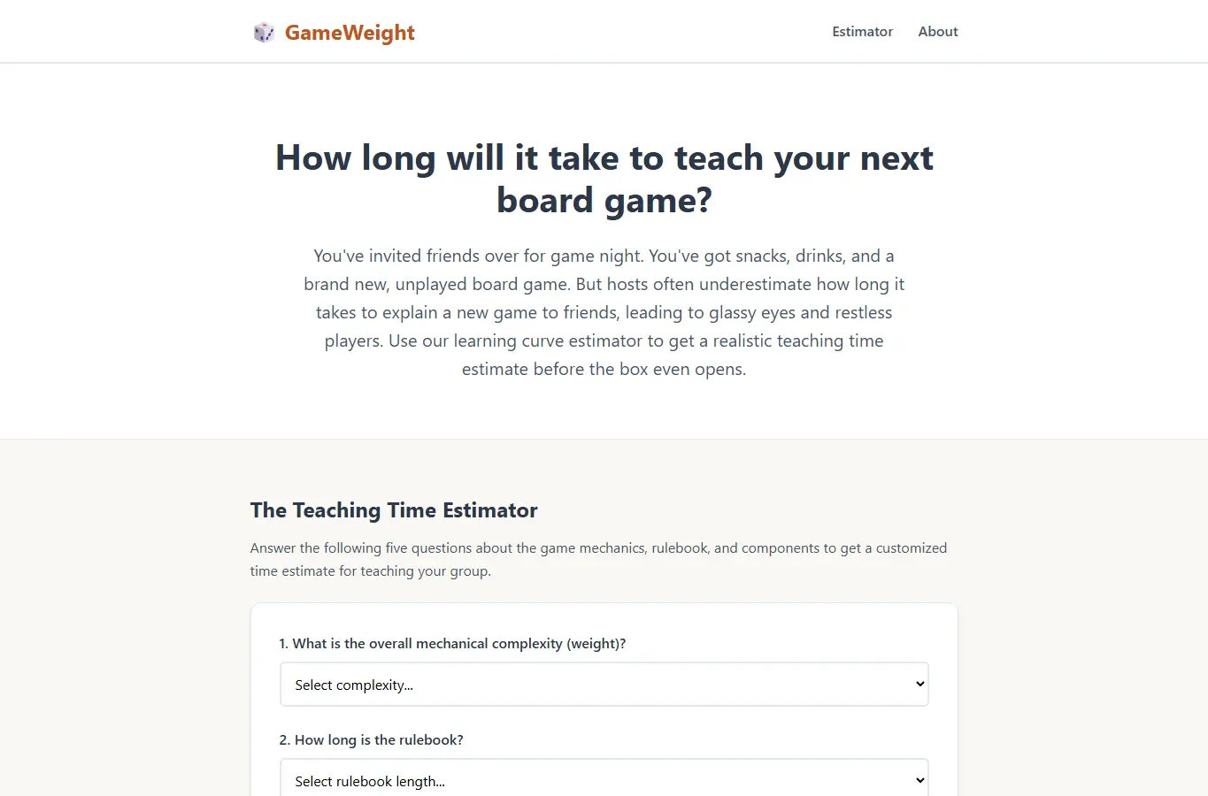 Screenshot of GameWeight: Learning Curve Estimator interface showing the project page in use